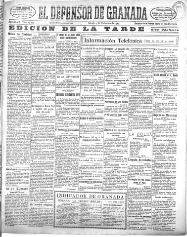 'El Defensor de Granada  : diario político independiente' - Año XLVII Número 24109 Ed. Tarde - 1925 Diciembre 05