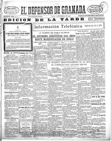 'El Defensor de Granada  : diario político independiente' - Año XLVII Número 24123 Ed. Tarde - 1925 Diciembre 14