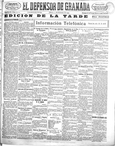 'El Defensor de Granada  : diario político independiente' - Año XLVII Número 24125 Ed. Tarde - 1925 Diciembre 15