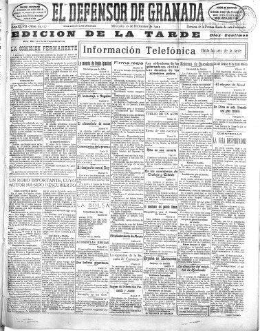 'El Defensor de Granada  : diario político independiente' - Año XLVII Número 24127 Ed. Tarde - 1925 Diciembre 16