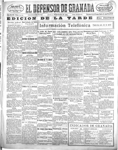 'El Defensor de Granada  : diario político independiente' - Año XLVII Número 24129 Ed. Tarde - 1925 Diciembre 17