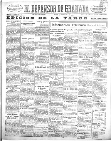 'El Defensor de Granada  : diario político independiente' - Año XLVII Número 24133 Ed. Tarde - 1925 Diciembre 19