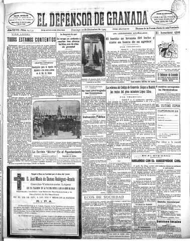 'El Defensor de Granada  : diario político independiente' - Año XLVII Número 24134 Ed. Mañana - 1925 Diciembre 20