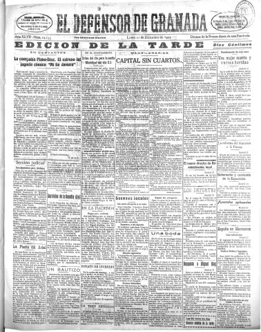 'El Defensor de Granada  : diario político independiente' - Año XLVII Número 24135 Ed. Tarde - 1925 Diciembre 21