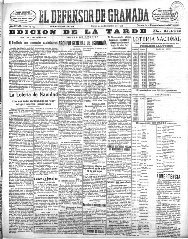 'El Defensor de Granada  : diario político independiente' - Año XLVII Número 24137 Ed. Tarde - 1925 Diciembre 22