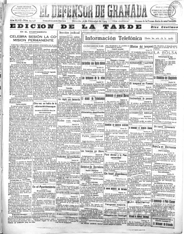 'El Defensor de Granada  : diario político independiente' - Año XLVII Número 24148 Ed. Tarde - 1925 Diciembre 30