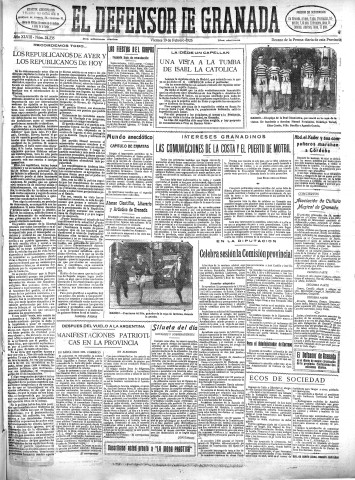 'El Defensor de Granada  : diario político independiente' - Año XLVIII Número 24235 Ed. Mañana - 1926 Febrero 19