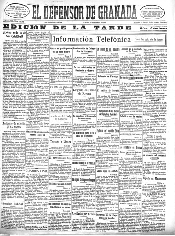 'El Defensor de Granada  : diario político independiente' - Año XLVIII Número 24248 Ed. Tarde - 1926 Febrero 26
