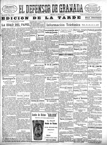 'El Defensor de Granada  : diario político independiente' - Año XLVIII Número 24256 Ed. Tarde - 1926 Marzo 03