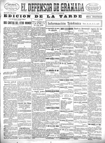 'El Defensor de Granada  : diario político independiente' - Año XLVIII Número 24270 Ed. Tarde - 1926 Marzo 11