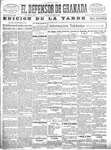 'El Defensor de Granada  : diario político independiente' - Año XLVIII Número 24280 Ed. Tarde - 1926 Marzo 17