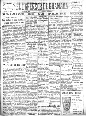 'El Defensor de Granada  : diario político independiente' - Año XLVIII Número 24284 Ed. Tarde - 1926 Marzo 19