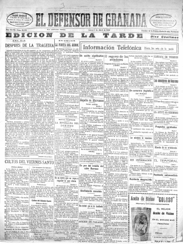 'El Defensor de Granada  : diario político independiente' - Año XLVIII Número 24306 Ed. Tarde - 1926 Abril 01