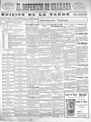 'El Defensor de Granada  : diario político independiente' - Año XLVIII Número 24308 Ed. Tarde - 1926 Abril 03