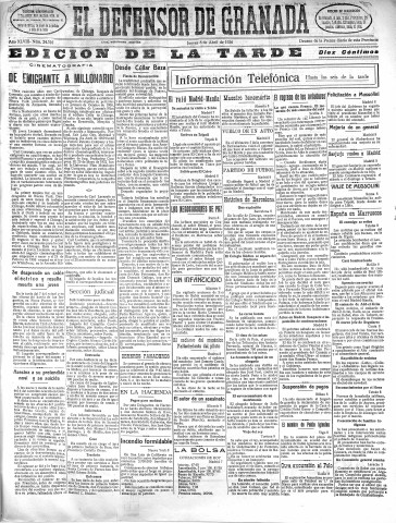 'El Defensor de Granada  : diario político independiente' - Año XLVIII Número 24316 Ed. Tarde - 1926 Abril 08