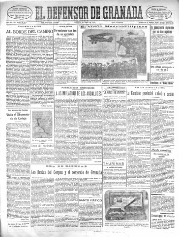 'El Defensor de Granada  : diario político independiente' - Año XLVIII Número 24317 Ed. Mañana - 1926 Abril 09