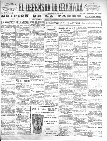 'El Defensor de Granada  : diario político independiente' - Año XLVIII Número 24326 Ed. Tarde - 1926 Abril 14