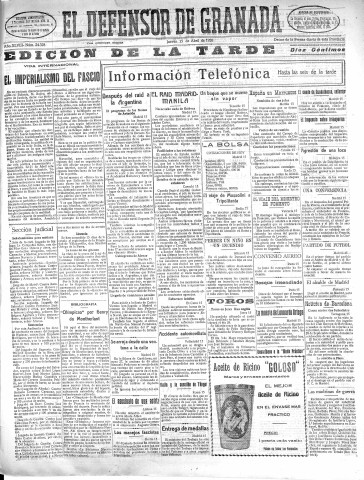 'El Defensor de Granada  : diario político independiente' - Año XLVIII Número 24328 Ed. Tarde - 1926 Abril 15