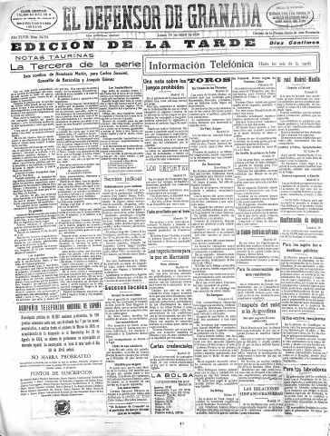 'El Defensor de Granada  : diario político independiente' - Año XLVIII Número 24334 Ed. Tarde - 1926 Abril 19