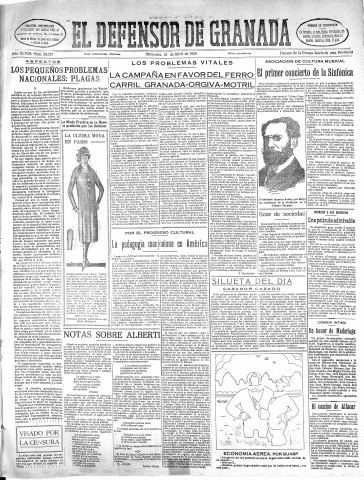 'El Defensor de Granada  : diario político independiente' - Año XLVIII Número 24337 Ed. Mañana - 1926 Abril 21
