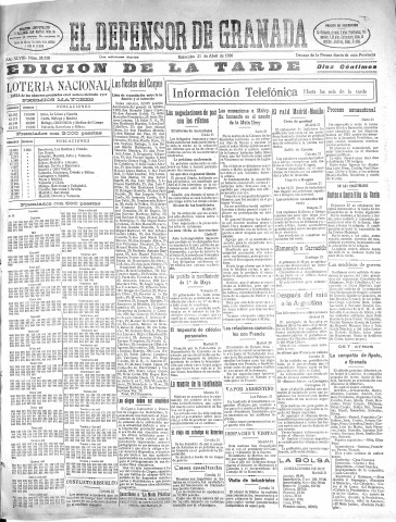 'El Defensor de Granada  : diario político independiente' - Año XLVIII Número 24338 Ed. Tarde - 1926 Abril 21