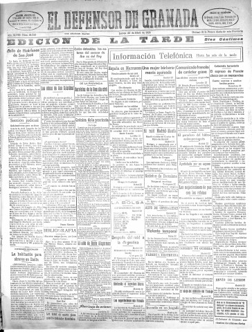 'El Defensor de Granada  : diario político independiente' - Año XLVIII Número 24340 Ed. Tarde - 1926 Abril 22