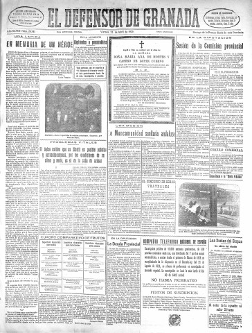 'El Defensor de Granada  : diario político independiente' - Año XLVIII Número 24341 Ed. Mañana - 1926 Abril 23