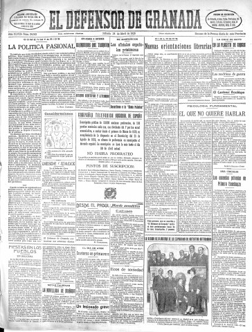 'El Defensor de Granada  : diario político independiente' - Año XLVIII Número 24343 Ed. Mañana - 1926 Abril 24