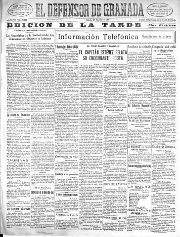 'El Defensor de Granada  : diario político independiente' - Año XLVIII Número 24344 Ed. Tarde - 1926 Abril 24