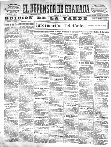 'El Defensor de Granada  : diario político independiente' - Año XLVIII Número 24348 Ed. Tarde - 1926 Abril 27
