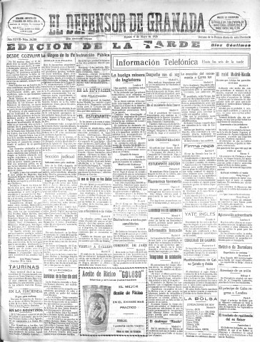 'El Defensor de Granada  : diario político independiente' - Año XLVIII Número 24358 Ed. Tarde - 1926 Mayo 04