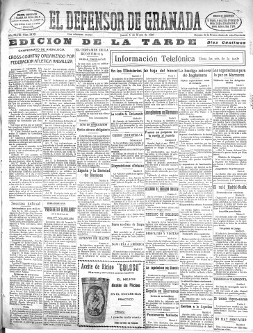 'El Defensor de Granada  : diario político independiente' - Año XLVIII Número 24362 Ed. Tarde - 1926 Mayo 06