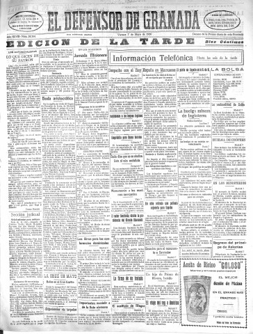 'El Defensor de Granada  : diario político independiente' - Año XLVIII Número 24364 Ed. Tarde - 1926 Mayo 07
