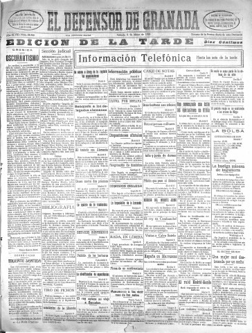 'El Defensor de Granada  : diario político independiente' - Año XLVIII Número 24366 Ed. Tarde - 1926 Mayo 08