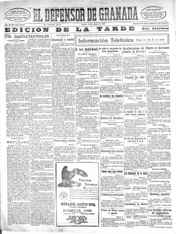 'El Defensor de Granada  : diario político independiente' - Año XLVIII Número 24374 Ed. Tarde - 1926 Mayo 13