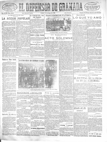 'El Defensor de Granada  : diario político independiente' - Año XLVIII Número 24375 Ed. Mañana - 1926 Mayo 14