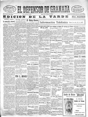 'El Defensor de Granada  : diario político independiente' - Año XLVIII Número 24387 Ed. Tarde - 1926 Mayo 20