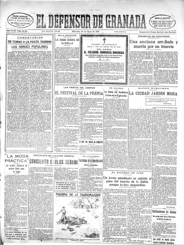 'El Defensor de Granada  : diario político independiente' - Año XLVIII Número 24395 Ed. Mañana - 1926 Mayo 26