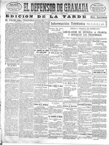 'El Defensor de Granada  : diario político independiente' - Año XLVIII Número 24396 Ed. Tarde - 1926 Mayo 26