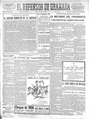 'El Defensor de Granada  : diario político independiente' - Año XLVIII Número 24397 Ed. Mañana - 1926 Mayo 27