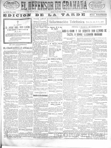 'El Defensor de Granada  : diario político independiente' - Año XLVIII Número 24398 Ed. Tarde - 1926 Mayo 27