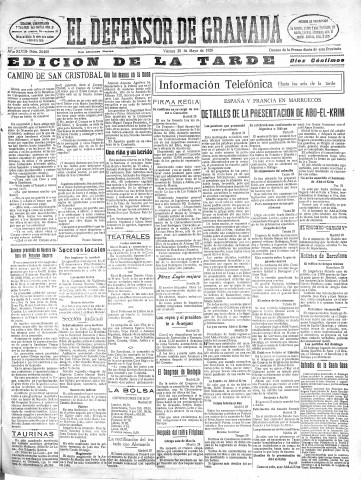 'El Defensor de Granada  : diario político independiente' - Año XLVIII Número 24400 Ed. Tarde - 1926 Mayo 28