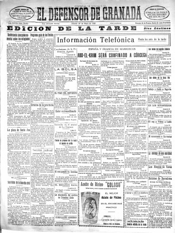 'El Defensor de Granada  : diario político independiente' - Año XLVIII Número 24402 Ed. Tarde - 1926 Mayo 29