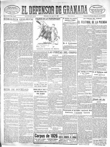 'El Defensor de Granada  : diario político independiente' - Año XLVIII Número 24407 Ed. Mañana - 1926 Junio 02