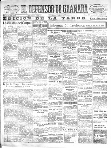 'El Defensor de Granada  : diario político independiente' - Año XLVIII Número 24408 Ed. Tarde - 1926 Junio 02