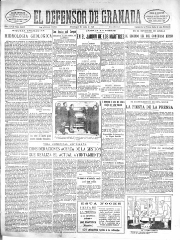 'El Defensor de Granada  : diario político independiente' - Año XLVIII Número 24412 Ed. Mañana - 1926 Junio 06