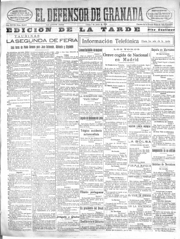 'El Defensor de Granada  : diario político independiente' - Año XLVIII Número 24412 Ed. Tarde - 1926 Junio 07