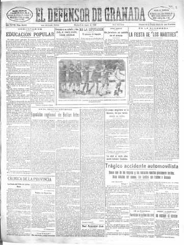 'El Defensor de Granada  : diario político independiente' - Año XLVIII Número 24413 Ed. Mañana - 1926 Junio 08