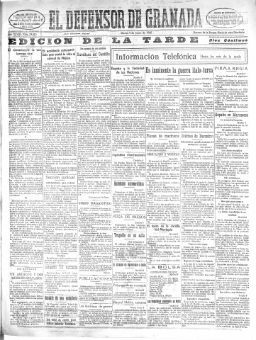 'El Defensor de Granada  : diario político independiente' - Año XLVIII Número 24413 Ed. Tarde - 1926 Junio 08