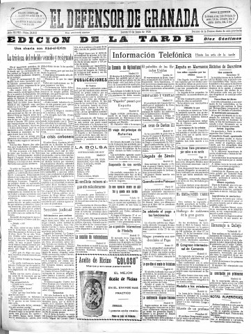 'El Defensor de Granada  : diario político independiente' - Año XLVIII Número 24415 Ed. Tarde - 1926 Junio 10